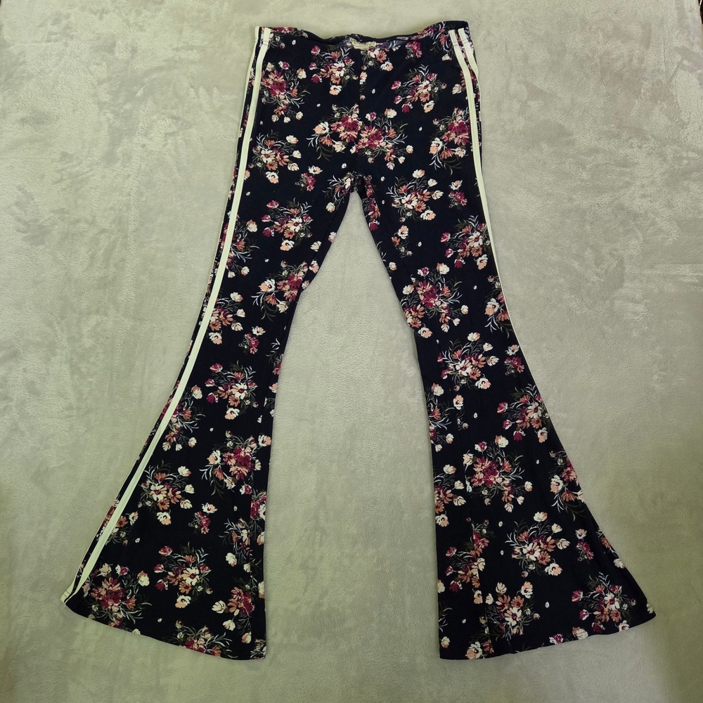 Floral Flare Leg Pants Navy Blue Side Stripe Size Large Boho Retro Hippie